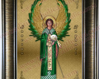 Saint Raphael the Archangel framed prints with silver or gold frame. St Raphael 5x7 size picture.