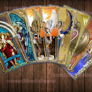 St. Saint Michael Archangel laminated Holy Prayer cards. Stained Glass, Icon style and statue art. Saint Michael Card.