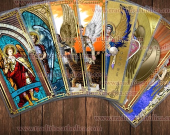 St. Saint Michael Archangel laminated Holy Prayer cards. Stained Glass, Icon style and statue art. Saint Michael Card.