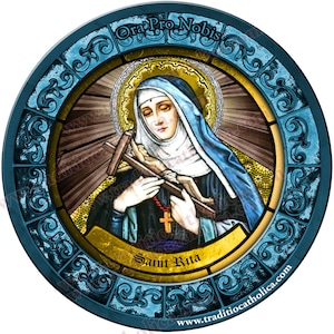 Aimant de réfrigérateur rond en forme de vitrail de Sainte Rita, patronne des plaies de 10 cm (10 cm). Art du vitrail Sainte Rita.