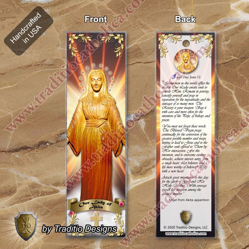 Our Lady of Akita, Japan Laminated Bible Scripture Bookmark. Statue of ...