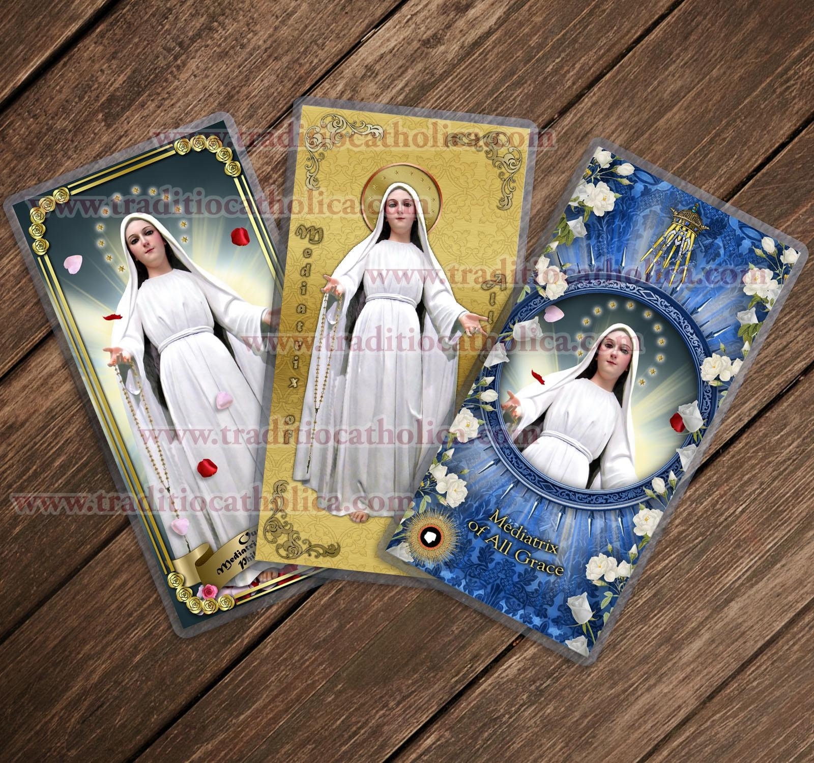 Our Lady Mediatrix of All Grace Lipa Philippinen laminierte heilige Gebetskarten. Marienfigur. Mediatrix of All Grace Statue Kunst