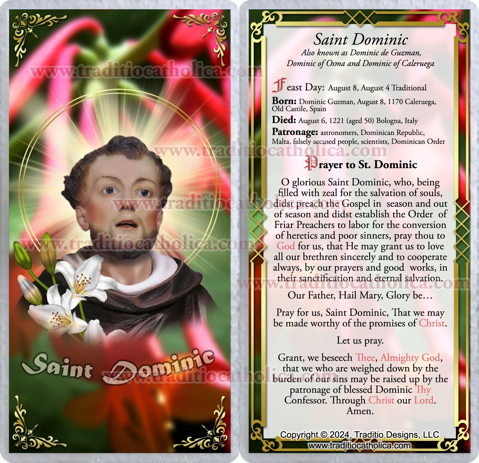 Saint Dominic Laminated Catholic Holy Prayer Cards. St. Dominic Statue ...