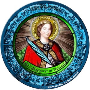 Saint Margaret of Antioch, patron of childbirth and kidney disease Stained Glass round 4 inch magnet. St Margaret stained glass art.