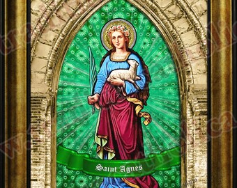 Saint Agnes stained glass golden arch design handcrafted framed prints. St. Agnes prints.