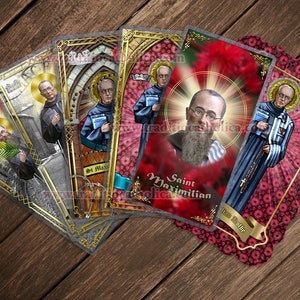 Saint Maximilian Kolbe stained glass and statue art laminated Prayer cards.  Patron of addicts.