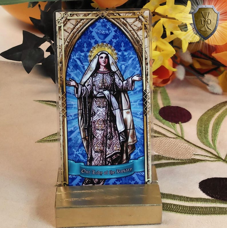 Our Lady of the Rosary, France Laminated Catholic Holy Cards. Statue of ...