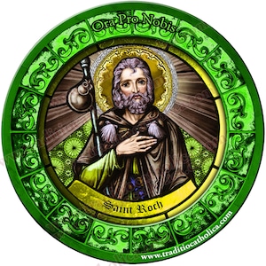 Saint Roch, patron of pandemics and knee problems Stained Glass round 4 inch refrigerator magnet. St. Roch stained glass art.