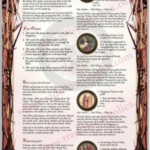 May include: A vintage-style devotional pamphlet with a red, white, and gold border. The text describes the devotion to the Most Precious Blood of Jesus, with a list of five graces promised to those who pray the devotion. The pamphlet includes seven images of Jesus at different stages of his Passion.