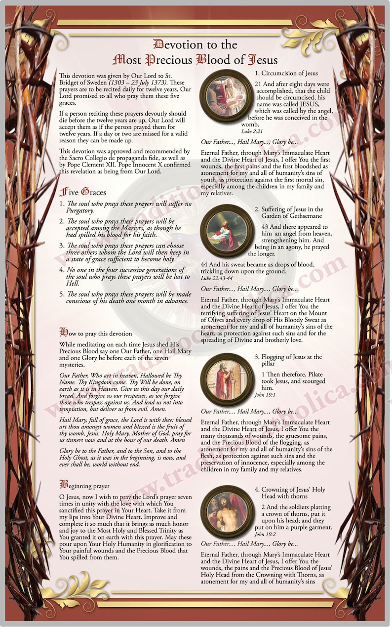 May include: A vintage-style devotional pamphlet with a red, white, and gold border. The text describes the devotion to the Most Precious Blood of Jesus, with a list of five graces promised to those who pray the devotion. The pamphlet includes seven images of Jesus at different stages of his Passion.