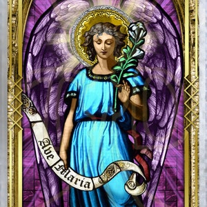 Four Archangels in full stature Stained Glass laminated Holy card set. Saint Uriel, Saint Michael, Saint Raphael, Saint Gabriel. image 4