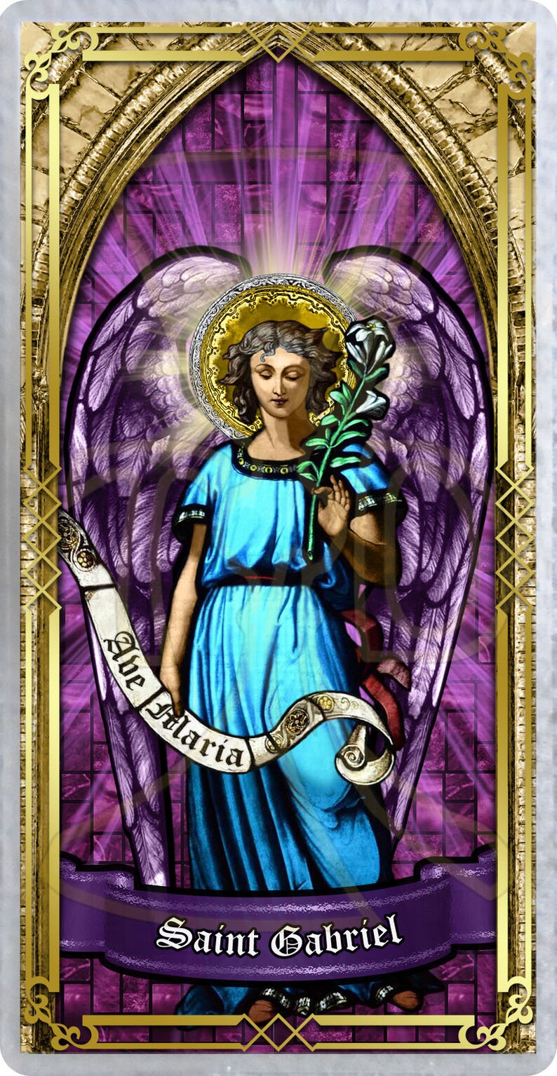 Four Archangels in full stature Stained Glass laminated Holy card set. Saint Uriel, Saint Michael, Saint Raphael, Saint Gabriel. image 4