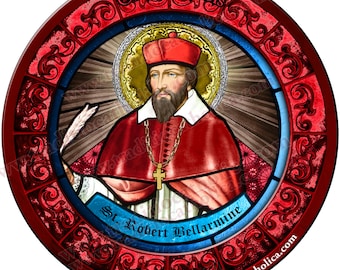 Saint Robert Bellarmine Stained Glass round 4 inch refrigerator magnet. St Robert Bellarmine stained glass art.