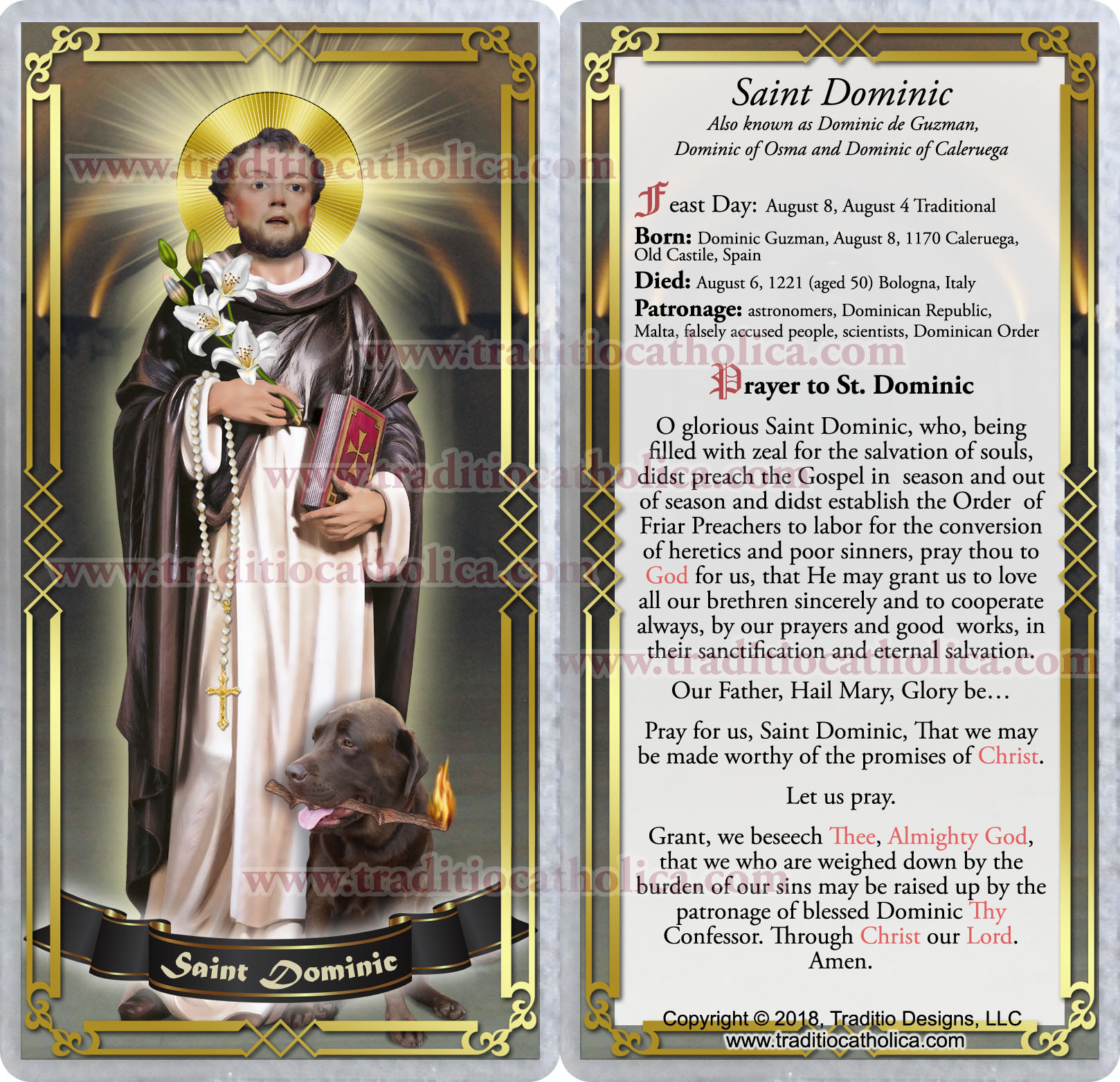 Saint Dominic Laminated Catholic Holy Prayer Cards. St. Dominic Statue ...