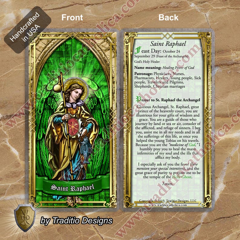 St. Saint Raphael Archangel Laminated Holy Prayer Cards. Stained Glass ...