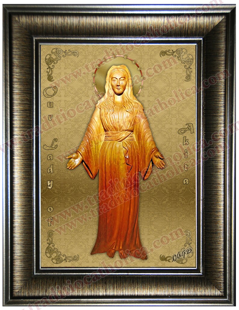 Our Lady of Akita framed prints with silver or gold frame. Our Lady of Akita 5x7 size picture. Icon style