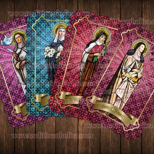 Set di Santini in vetro colorato e pizzo con quattro dottoresse della Chiesa. Santa Teresa, Santa Teresa, Santa Caterina, Santa Ildegarda