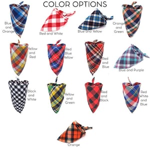 May include: A collection of 10 bandana designs featuring various colour combinations, including red, white, blue, yellow, green, orange, black, and purple. Each bandana is made of plaid fabric with a checkered pattern.