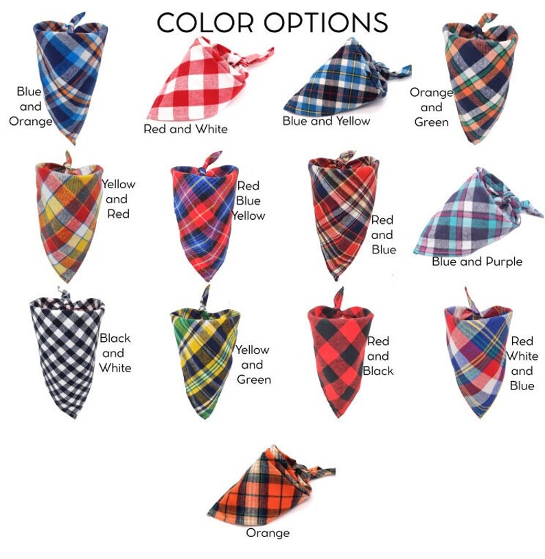 May include: A collection of 10 bandana designs featuring various colour combinations, including red, white, blue, yellow, green, orange, black, and purple. Each bandana is made of plaid fabric with a checkered pattern.