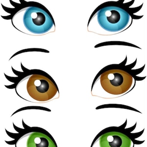 May include: A digital illustration of six pairs of cartoon eyes in various colours. Two pairs are blue, two are brown, and two are green. Each eye has black eyelashes and a white background.