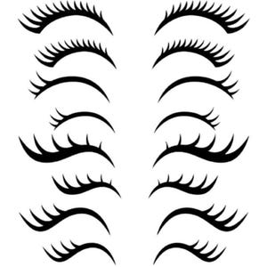 May include: A collection of black, stylized eyelash and eyebrow designs on a white background. The image features various shapes and styles of eyelashes and eyebrows, suitable for beauty and cosmetic applications.