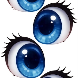 Pode incluir: Quatro olhos azuis em estilo cartoon com reflexos brancos e cílios pretos. As íris são de um azul vibrante e as pupilas são escuras. Os olhos estão sobre um fundo branco, criando um design lúdico e caprichoso.