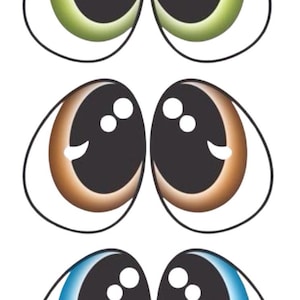 May include: Three pairs of cartoon eyes in green, brown, and blue. Each pair has a black iris with three white highlights and a white crescent shape. The eyes are outlined in black.