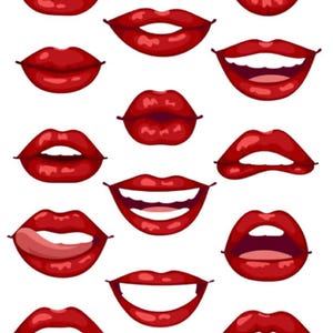 Può includere: Una collezione di labbra rosse in varie espressioni, tra cui sorrisi, bronci e bocche aperte. Le labbra sono raffigurate in stile cartone animato, con una finitura lucida. L'immagine è su sfondo bianco.