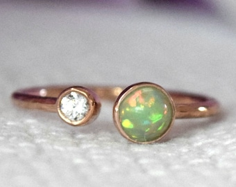 14k gold Ethiopian opal and diamond ring, Ethiopian and diamond ring, October birthstone, Opal and diamond ring, Stacking ring, Adjustable