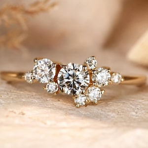 Moissanite Cluster Ring: 9k ,14k ,18k Solid Gold Stacking Band