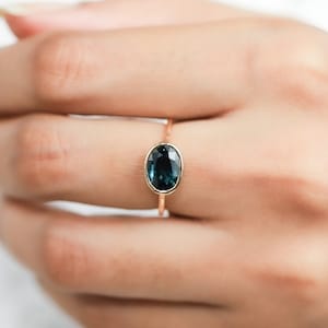 Montana Sapphire Ring, Green Parti Sapphire Engagement Ring, Oval Bezel Set, Minimalist Handmade 18K Solid Gold Stacking Ring Gift