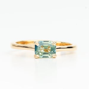 Montana Sapphire Engagement Ring, Peacock Sapphire, Emerald Cut Stacking Ring in Prong Setting, Unique Handmade 18K Gold Gift Ring