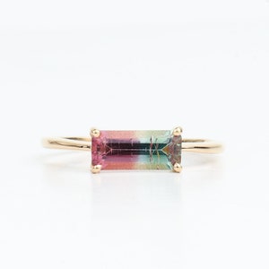 Bicolor Watermelon Tourmaline Baguette Ring | 14k Solid Gold Stacking Ring | Tourmaline Jewelry | Unique Gold Ring | Gift for Her