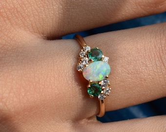 Cluster Engagement Ring, Opal Cluster Ring, Opal and emerald ring, Emerald Cluster Ring, Diamond Cluster Ring, Engagement cluster ring