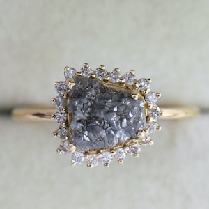 Raw Gray Diamond Engagement Ring - 2 Carat Rough Diamond Halo Ring - Unique Proposal Ring with Raw Diamond