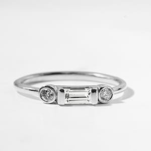3-Stone Baguette & Round Cut Natural Diamond Stacking Promise Ring, Dainty Lab-Grown Diamond Baguette Ring, 18K Solid Gold Proposal Ring