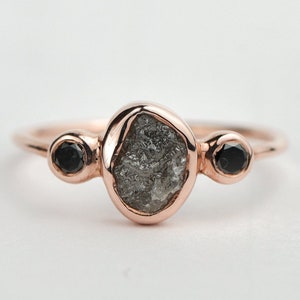 Rough Diamond Three Stone Ring | Raw Stone Engagement Ring | 2 Carat Black Diamond Ring | Unique Raw Stone Jewelry | Natural Diamond Ring