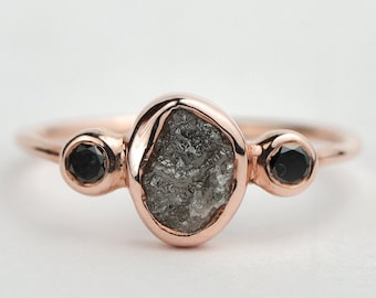 Rough Diamond three stone ring, Raw stone ring,  Raw Diamond engagement ring, Black Diamond ring, 2 carat Diamond, raw stone jewelry