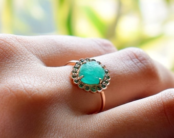 Raw Emerald Halo ring, Emerald engagement ring, Emerald ring, May birthstone, Raw gemstone ring, Rough emerald, natural raw stone ring EE01