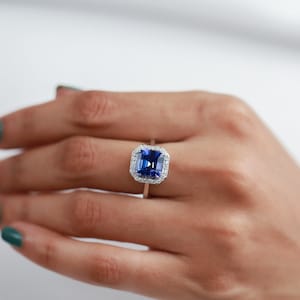 Tanzanite Diamond Engagement Ring - 4.5 Carat Emerald Cut Tanzanite, Art Deco White Gold Wedding Ring, Elegant Anniversary Ring