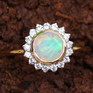 Opal Engagement Ring - Opal Diamond Halo Ring - Gold Opal Ring - Diamond Engagement Ring - Anniversary Gift for Her - Elegant Opal Jewelry