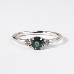 Teal Sapphire & Gray Diamond Engagement Ring, 18K White Gold, 3-Stone Peacock Sapphire, Australian Blue Green Sapphire, Ready to Ship