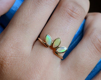 Fire Opal Leaf Ring, Nesting Marquise cut ring in solid gold for her, October birthstone jewelry, Minimal ring, Opal jewelry, Leaf jewelry