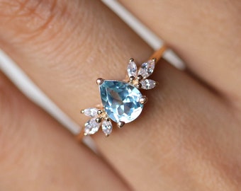 Aquamarine and Diamond engagement ring, Twig leaf engagement ring, pear cut engagement ring, Aquamarine and diamond ring, March birthstone