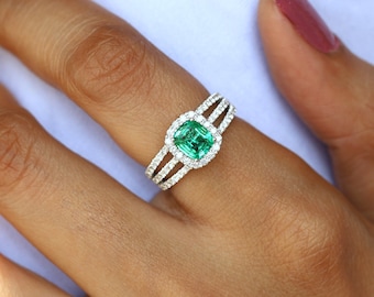 Emerald engagement ring, Antique engagement ring, 1 carat Cushion cut emerald ring, Emerald and diamond engagement ring, Halo ring EE01