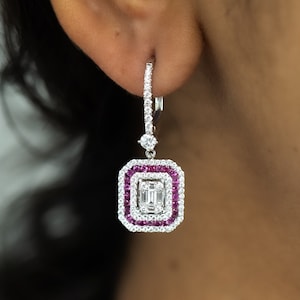 IGI Certified Invisible Set Diamond Ruby Halo Stud Earrings, Baguette & Round Natural Diamond Drop Earrings, Customizable Wedding Gold Ring