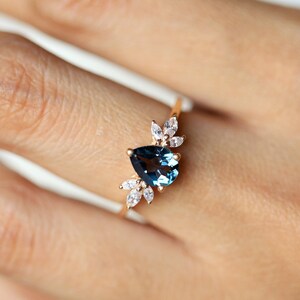 IGI Certified London Blue Topaz Twig Engagement Ring, Pear Shape, Marquise Diamond Accent, December Birthstone, Unique Bridal Jewelry