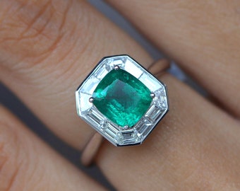 Antique emerald diamond engagement ring, Tapered Baguette Halo Ring, Cushion cut emerald, E F VS Diamond, Proposal May Emerald ring EE01