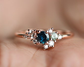Teal sapphire diamond cluster ring, diamond sapphire morganite cluster engagement ring, Australian sapphire, peach morganite, gift ring