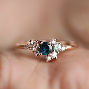 Teal sapphire diamond cluster ring, diamond sapphire morganite cluster engagement ring, Australian sapphire, peach morganite, gift ring